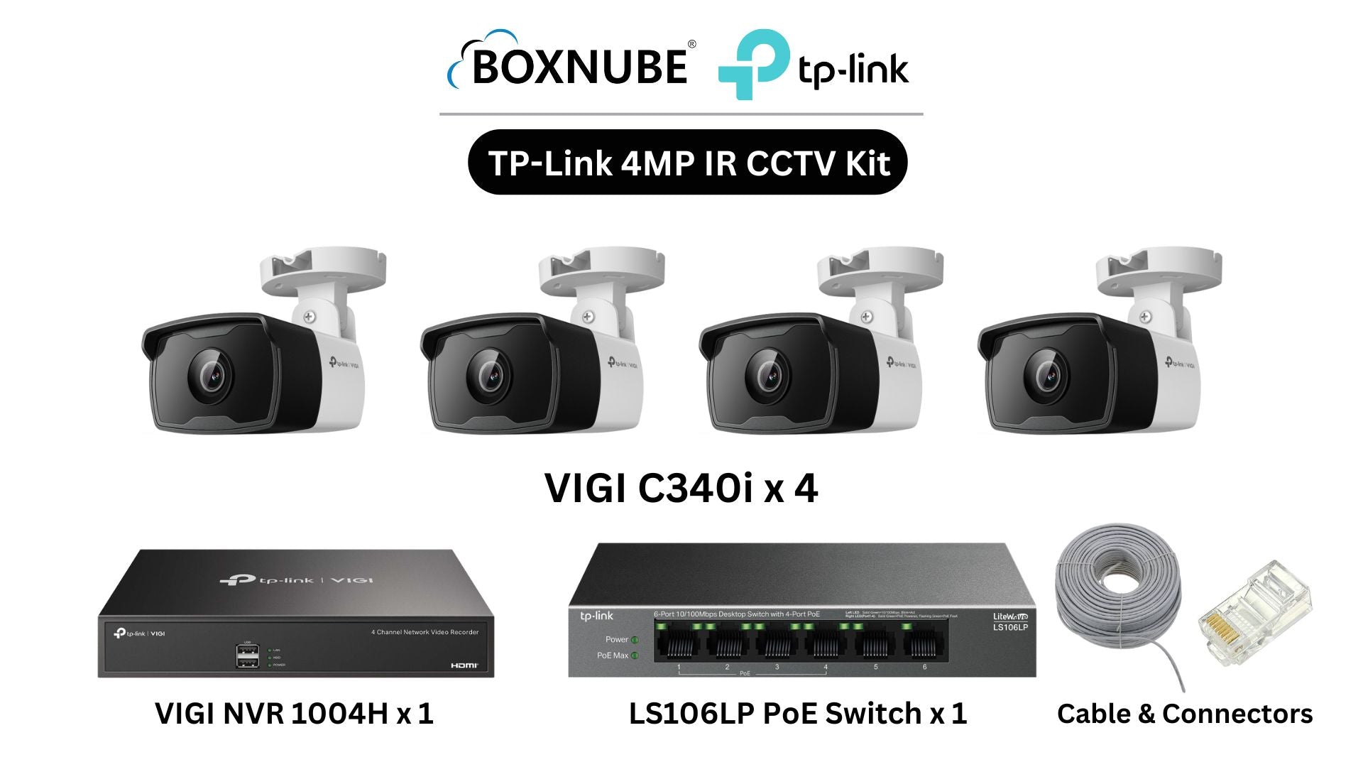 TP-Link VIGI 4MP IR Full HD 4 Camera Kit Bundle | 4 x VIGI C340i, 1 x 4 Channel NVR, 1 x 4+2 Port PoE Switch with 100M CAT6 Cable & RJ45 Connectors TP-Link VIGI 4MP IR Full HD 4 Camera Kit Bundle | 4 x VIGI C340i, 1 x 4 Channel NVR, 1 x 4+2 Port PoE Switch with 100M CAT6 Cable & RJ45 Connectors
